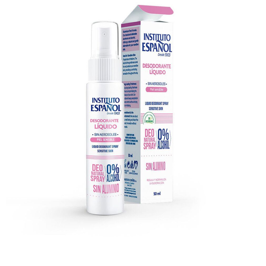 Spray deodorante e confezione Instituto Español. Scritta rosa: Deodorante Liquido, pelle sensibile. 0% alcool, senza alluminio. 50 ml.