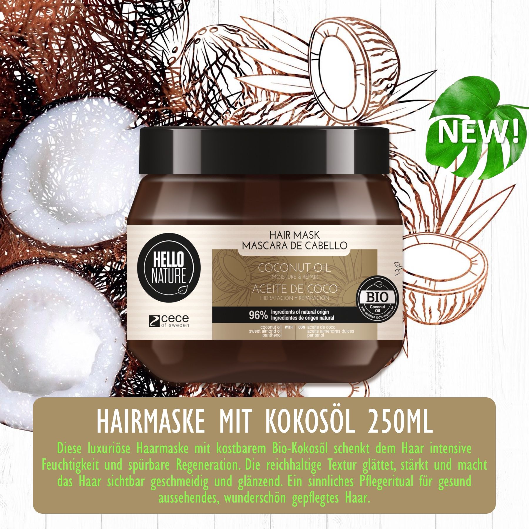 Vasetto marrone con coperchio nero. Scritta: Hello Nature, Maschera per capelli. Sigillo bio. Olio di cocco. 250ml.