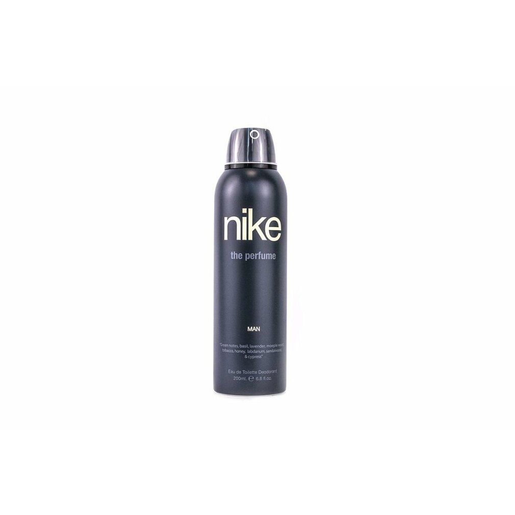 Flacone spray deodorante nero con erogatore argentato. Scritta: nike the perfume MAN. Contenuto: 200 ml.