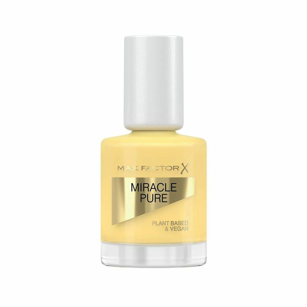 Smalto giallo Max Factor Miracle Pure. Flacone con tappo bianco. Scritta: Miracle Pure, Plant Based & Vegan.