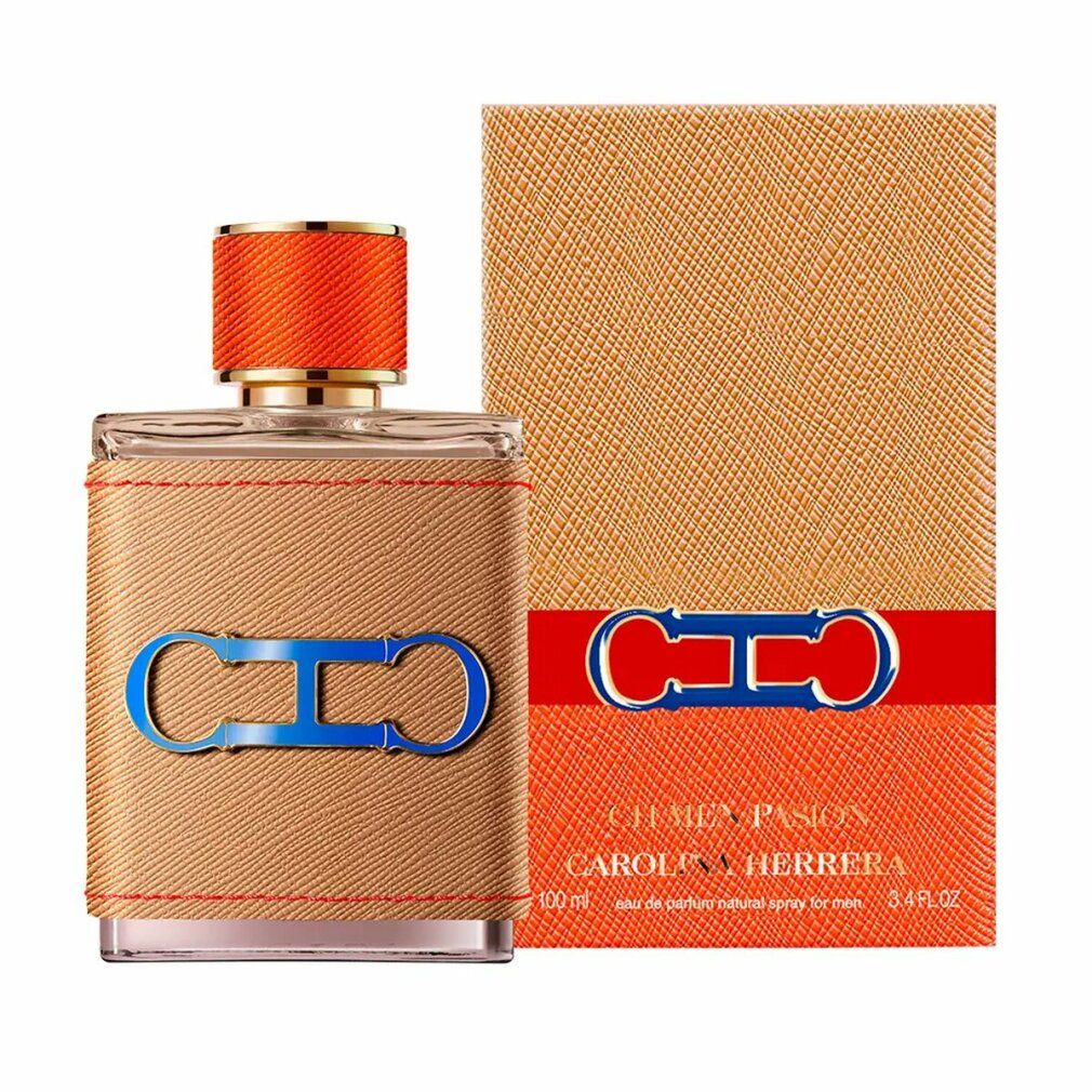 Flacone di profumo e confezione. Flacone con similpelle marrone, cuciture rosse e logo. Confezione con logo e testo.