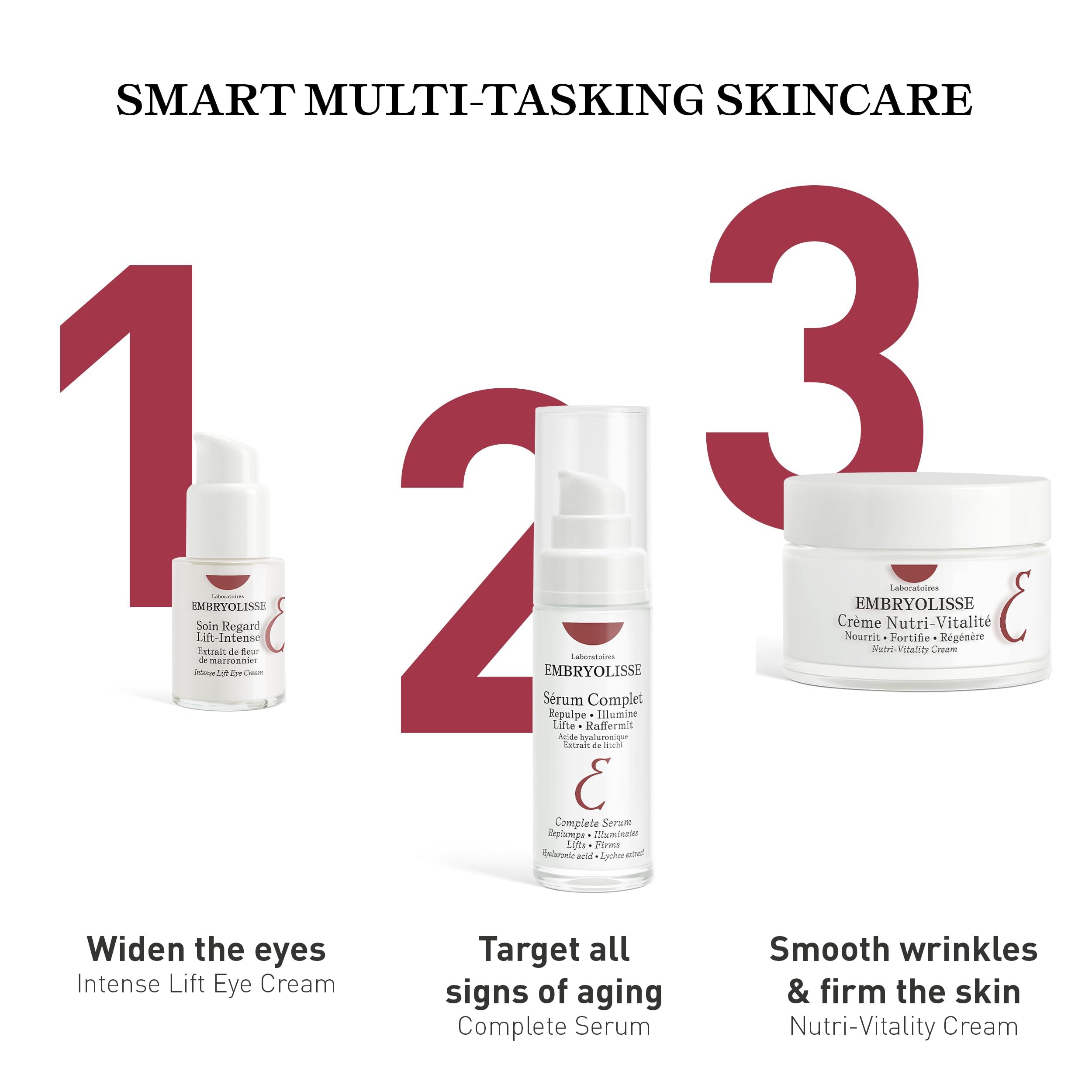 Tre prodotti: Intense Lift Eye Cream, Serum Complexe, Crème Nutri-Vitalité. Testo: Aprire gli occhi, combattere i segni dell'età.