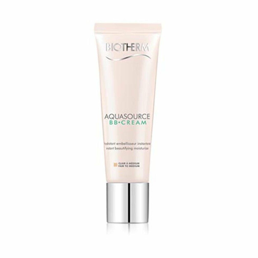 Tubo BIOTHERM AQUASOURCE BB CREAM. Tonalità Fair to Medium. Tappo argentato. Nome del prodotto e logo visibili.