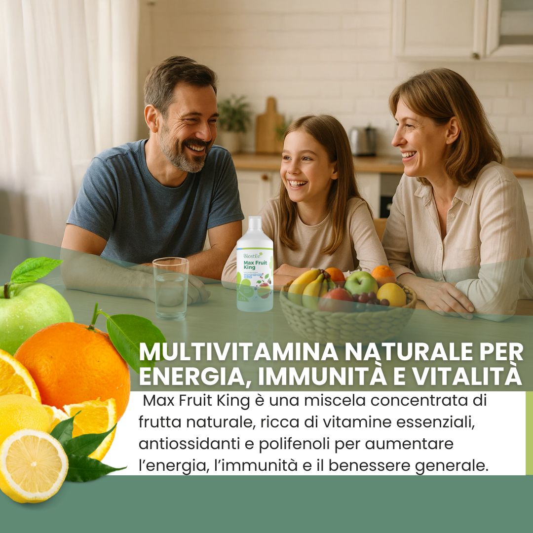 Famiglia a tavola con Biostile Max Fruit King. Testo: Multivitaminico naturale per energia, immunità e vitalità.