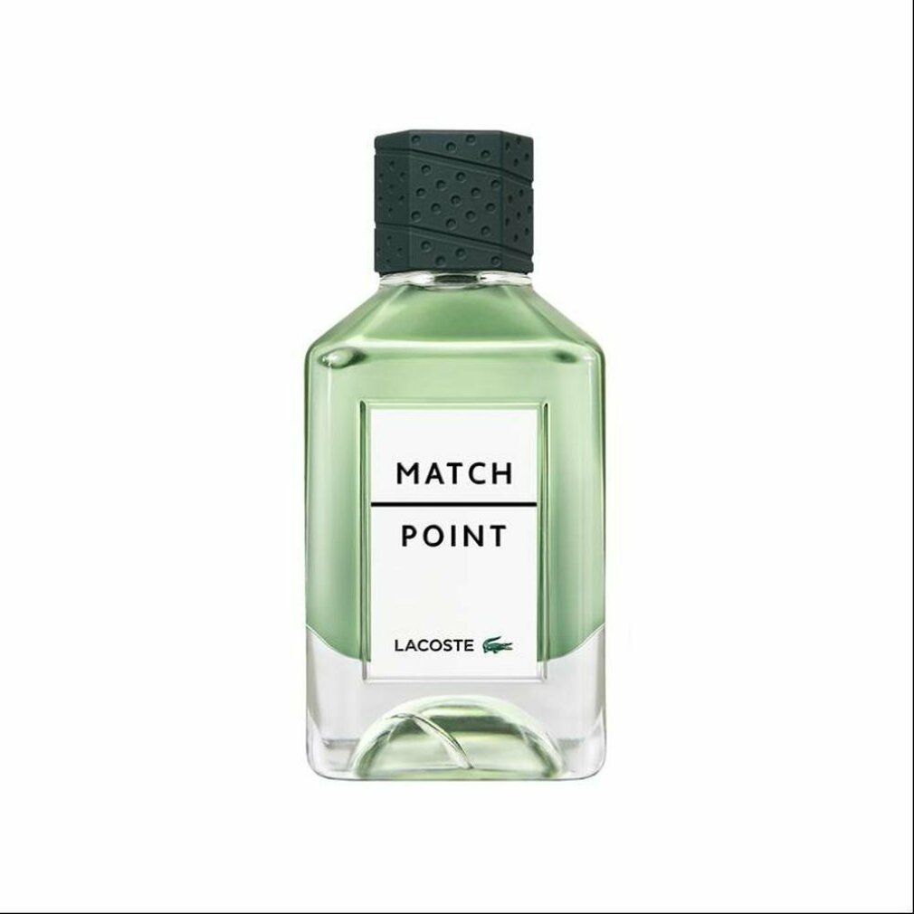 Flacone di profumo verde. Scritta: MATCH POINT, LACOSTE. Flacone con tappo verde. Vetro trasparente, forma squadrata.