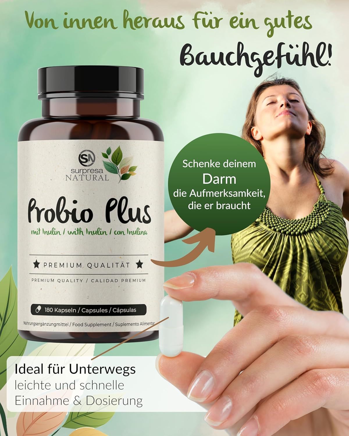 Donna con capsula, flacone Surpresa Natural Probio Plus, 180 capsule, per l'uso in viaggio.