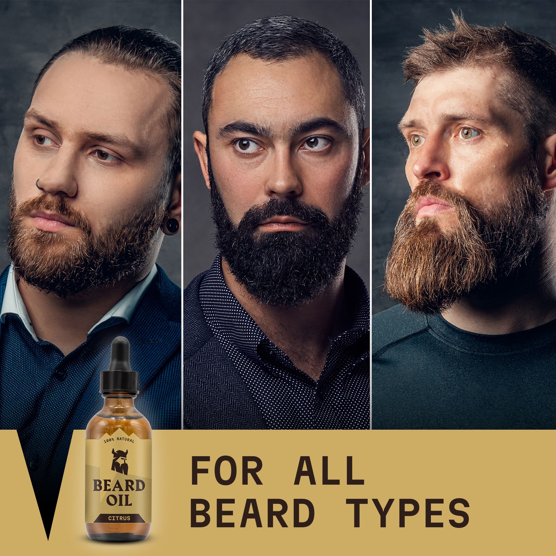 Uomini con diversi stili di barba e olio da barba.