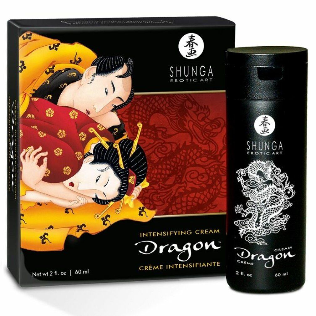 Flacone e scatola neri. Sul flacone: drago bianco, scritta Dragon, Crème Intensifiante. Sulla scatola: illustrazione, scritta Dragon.
