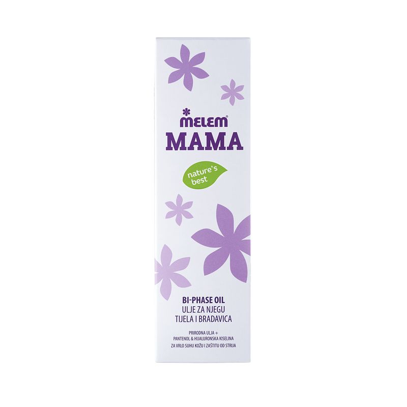 Confezione per olio bifasico MELEM Mama con motivo floreale viola.