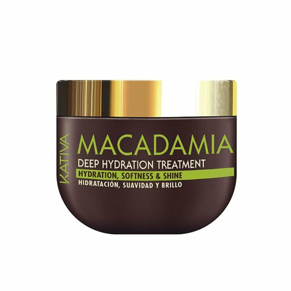Barattolo marrone con coperchio dorato. Scritta: MACADAMIA, Deep Hydration Treatment. Testo verde e bianco. Logo Kativa.