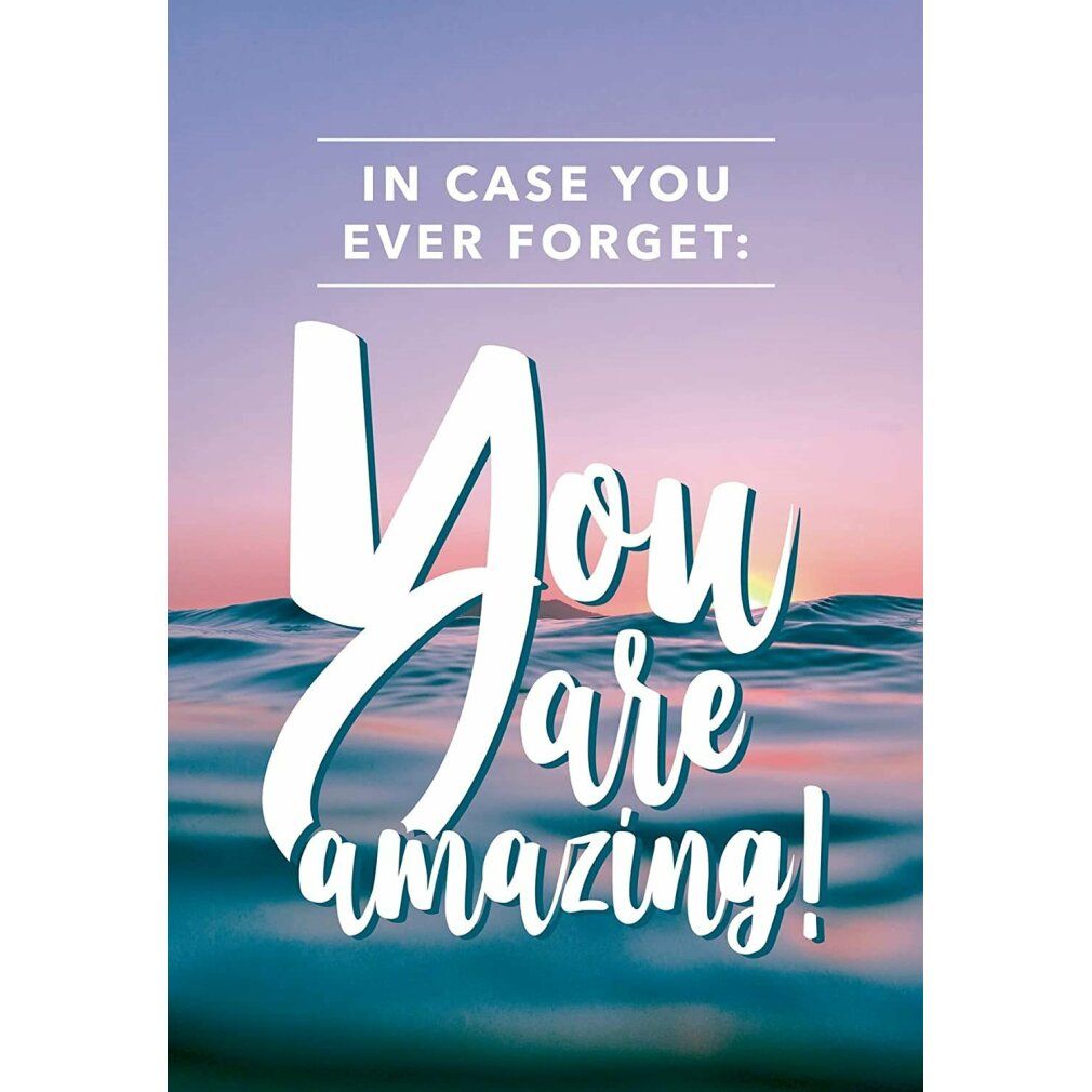 Motivo puzzle con testo "You are amazing!". Motivo onde con tramonto. Testo: In case you ever forget.