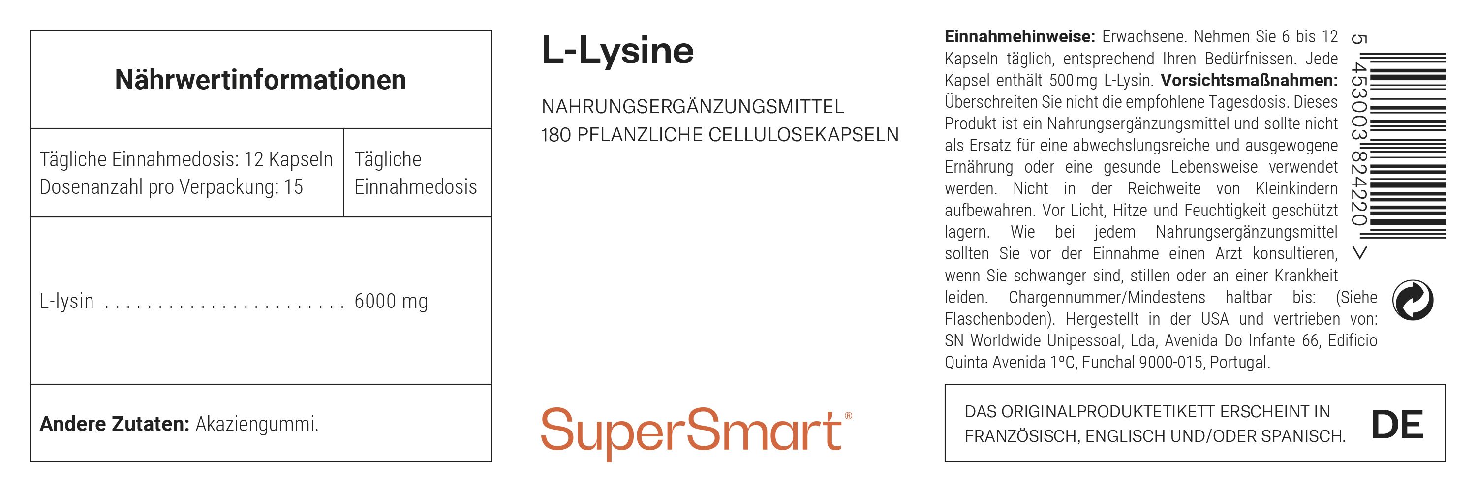 Integratore L-Lisina, 180 capsule di cellulosa vegetale, 6000 mg per dose giornaliera.