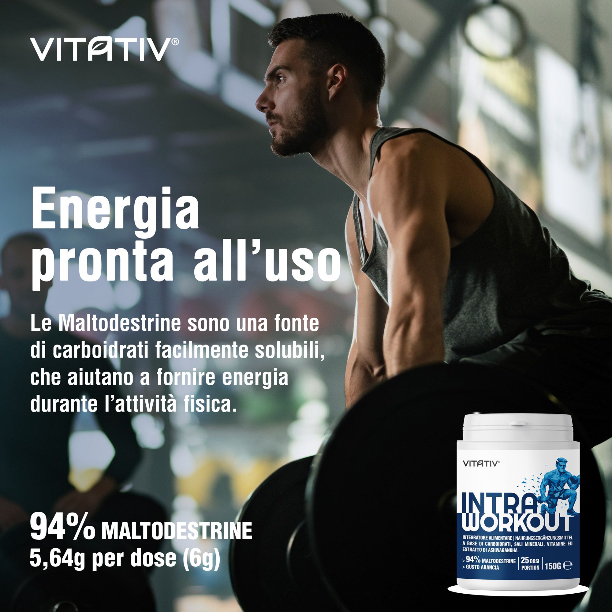 VITATIV® Intra Workout Uomo in Polvere con Maltodestrine, Ashwagandha, Minerali e Vitamine - 150 g