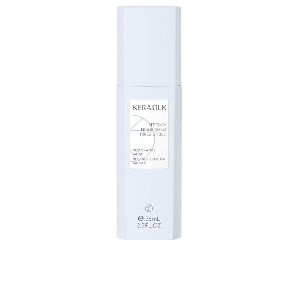 Flacone azzurro con etichetta bianca. Scritta: Kerasilk, Restorative Balm, 75ml.