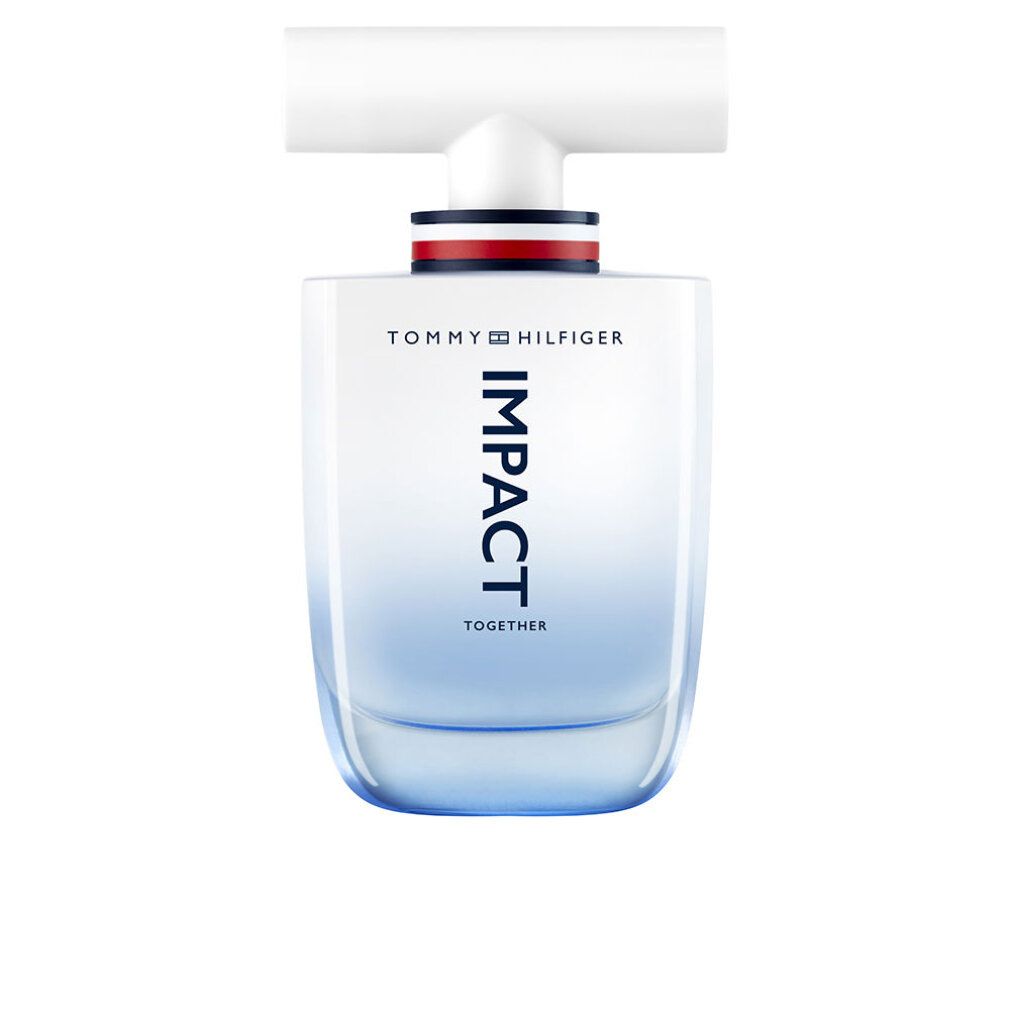 Flacone Tommy Hilfiger Impact Together. Sfumatura blu e bianca. Scritta IMPACT TOGETHER.