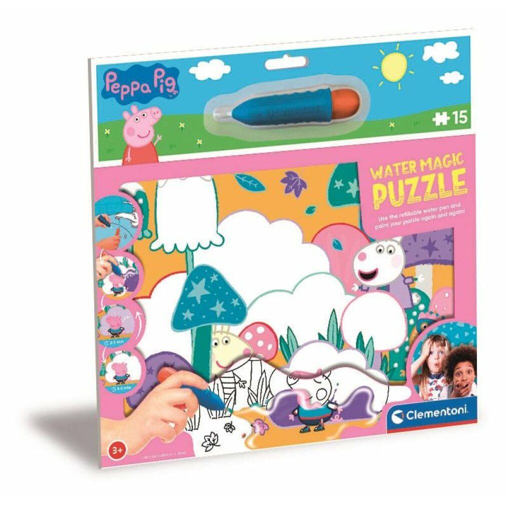 Confezione puzzle Peppa Pig Wasser Magie. Include 15 pezzi e penna. Illustrazioni e logo Clementoni visibili.