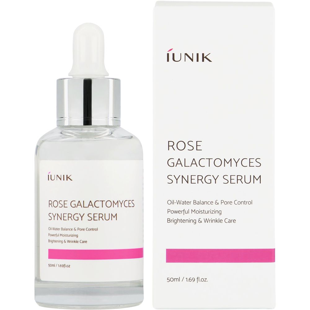 Flacone di vetro e confezione. Scritta: ROSE GALACTOMYCES SYNERGY SERUM. Testo: Oil-Water Balance & Pore Control. 50ml/1.69 fl.oz.