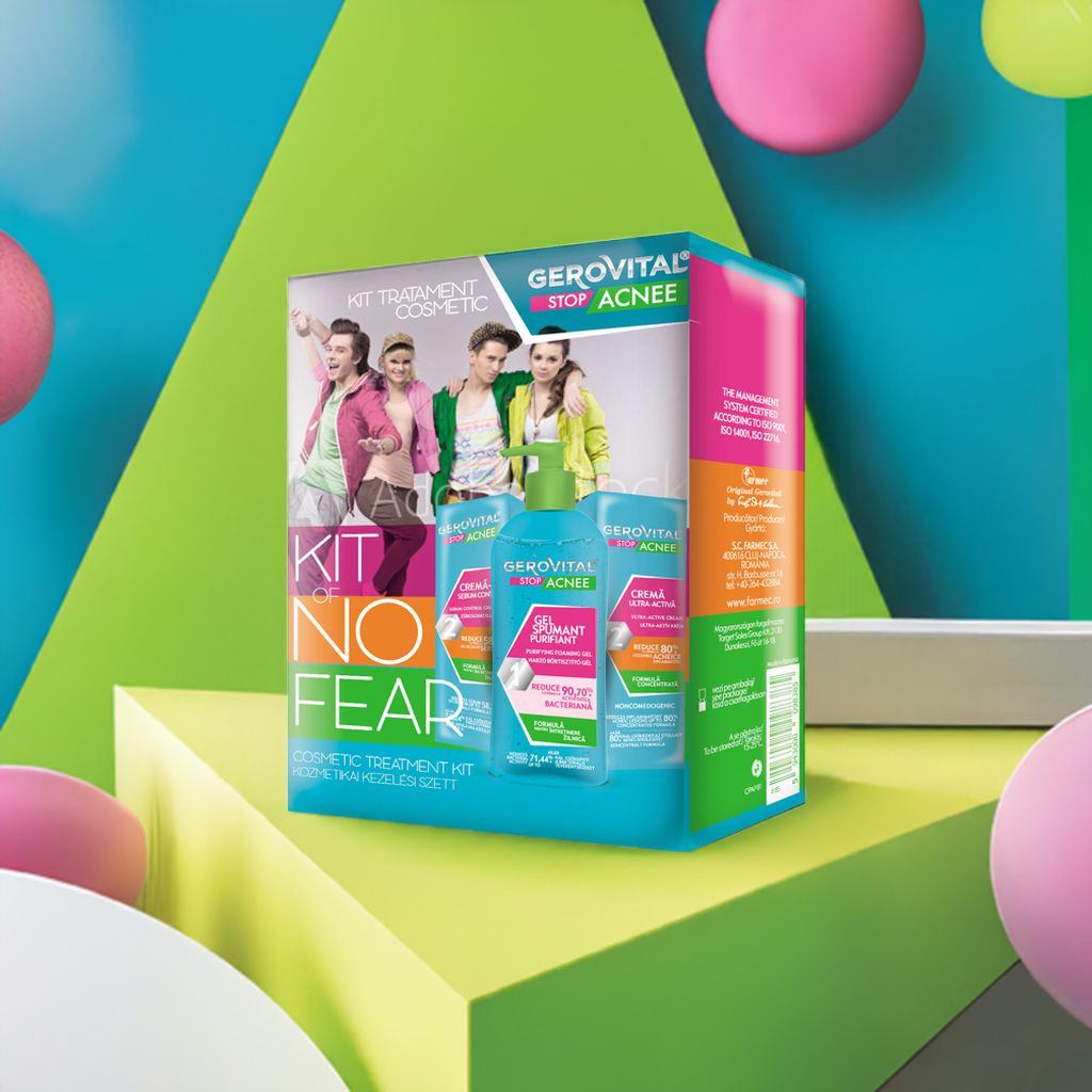 Confezione del kit Gerovital Stop Acnee. Contiene gel detergente, crema e trattamento. Rosa, verde e blu. Immagini di prodotti e persone.