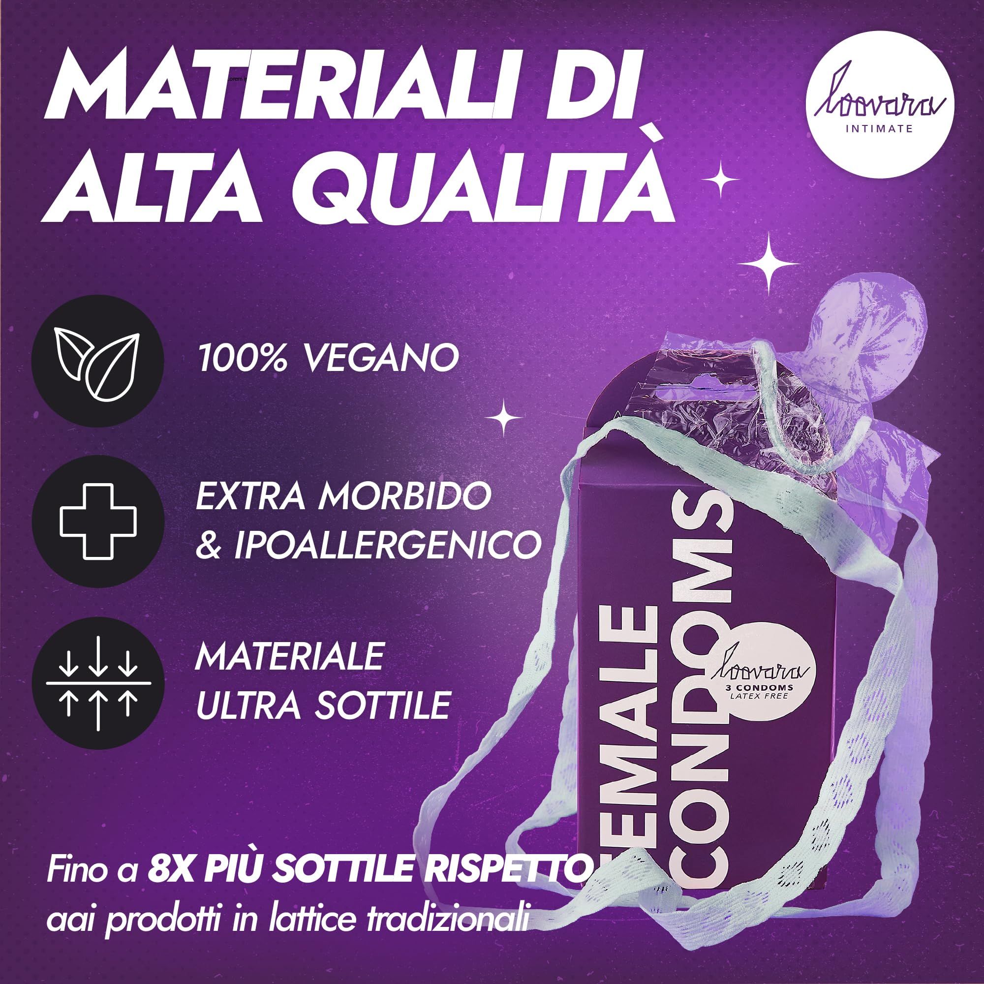 Confezione viola con "FEMALE CONDOMS" e 3 preservativi, "LATEX FREE" e "PIÙ RESISTENTE DEL LATTICE".