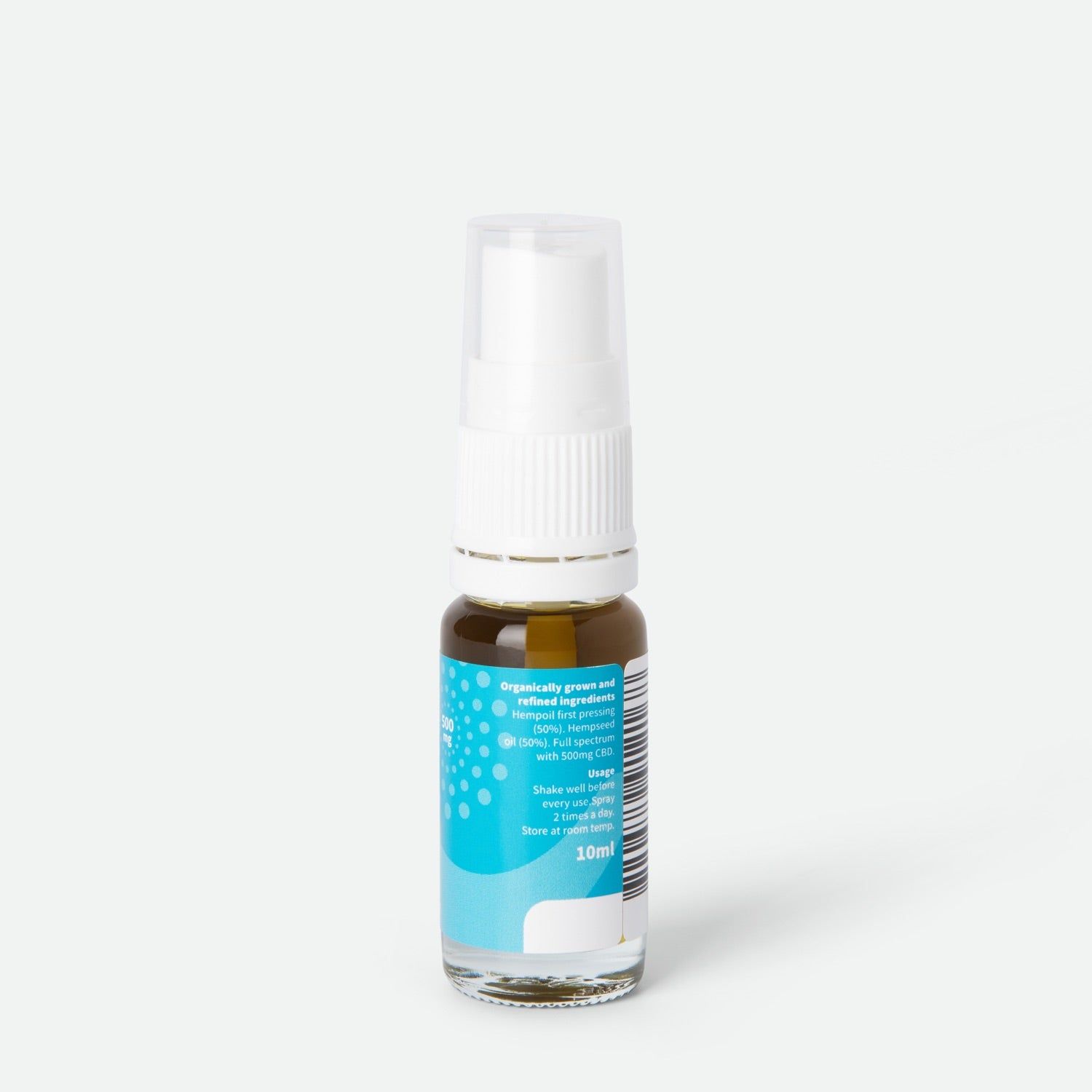 Vista posteriore di un flacone trasparente con vaporizzatore bianco. Etichetta blu con testo e codice a barre.