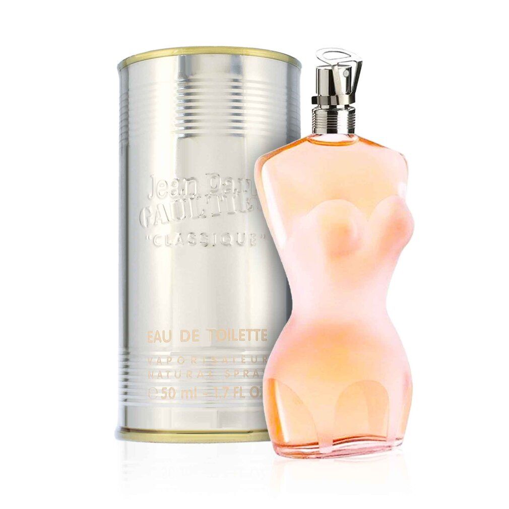 Flacone di profumo a forma di corpo femminile e scatola. Scritta: Jean Paul Gaultier Classique Eau de Toilette.