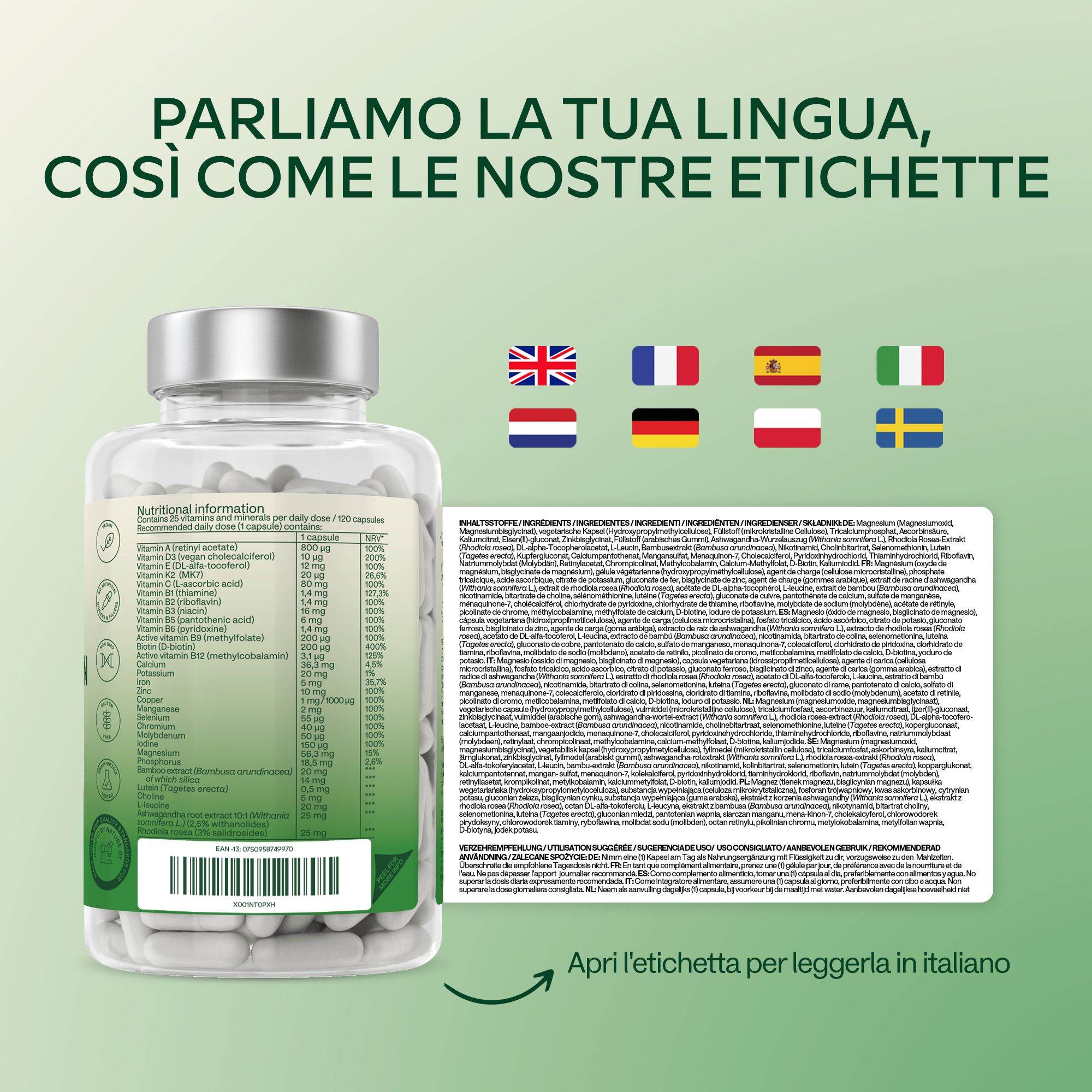 Flacone con capsule e testo. Scritta: AAVALABS Multivitamin Complex. Etichette in diverse lingue.