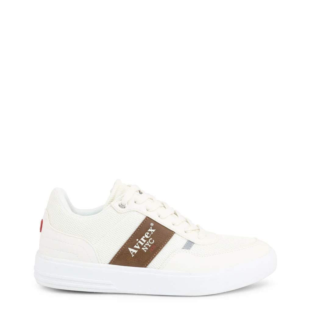Sneakers bianche con striscia marrone e scritta Aviirex NYC. Accenti rossi. Lacci.