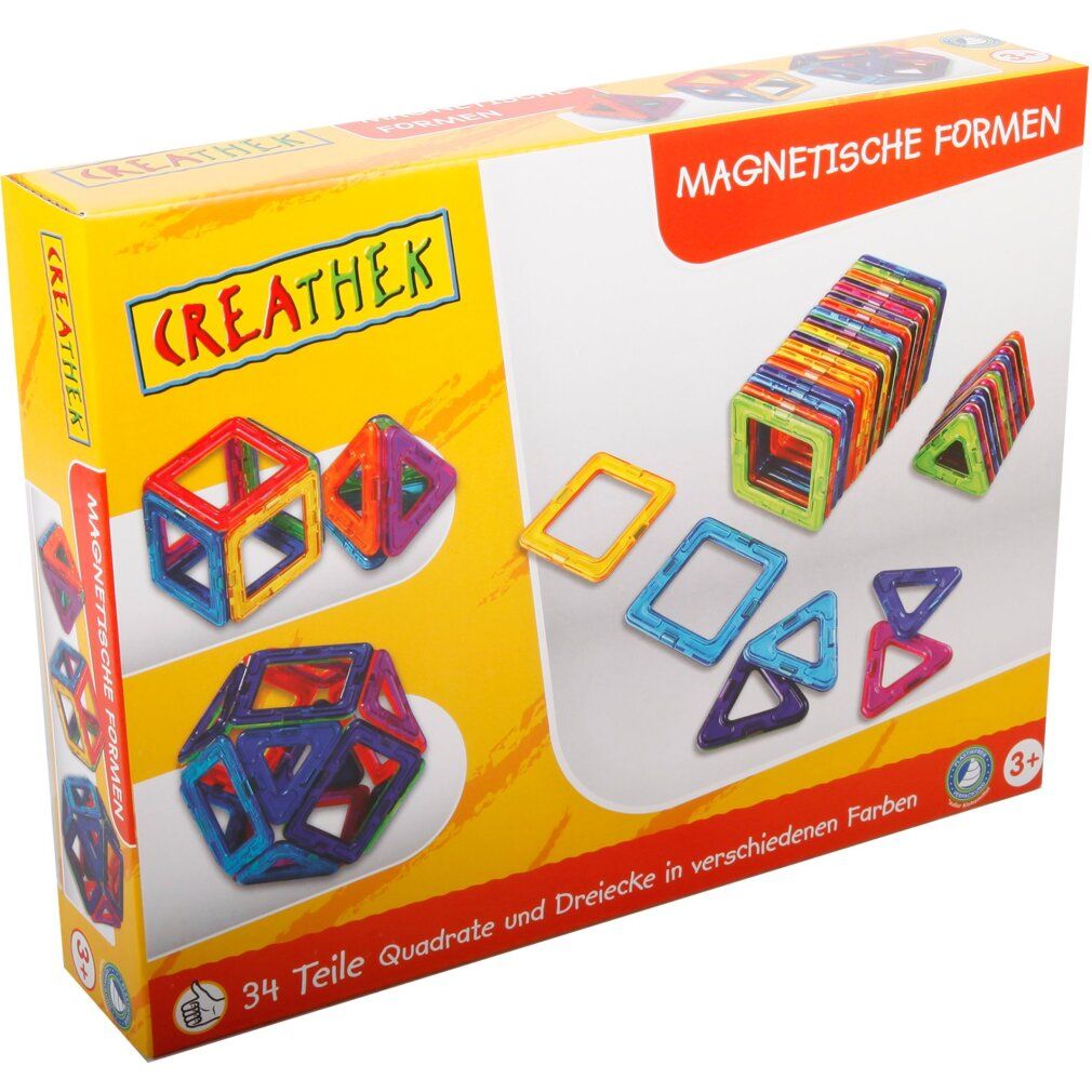 Confezione gialla con forme magnetiche. Contiene 34 pezzi. Marchio, forme, età consigliata stampati.