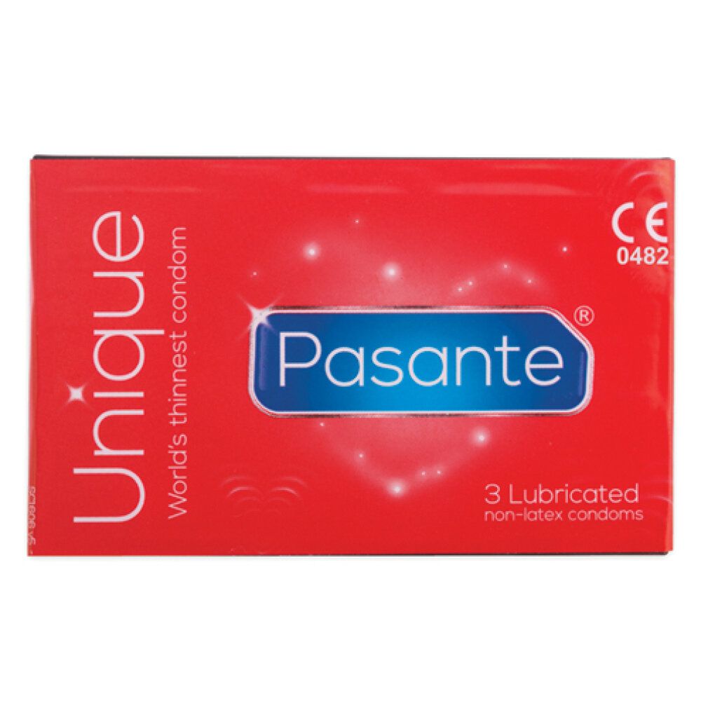 Confezione rossa "UNIQUE" e "Pasante". Contiene 3 preservativi. Marchio CE. "World's thinnest condom". Preservativi non lattice.