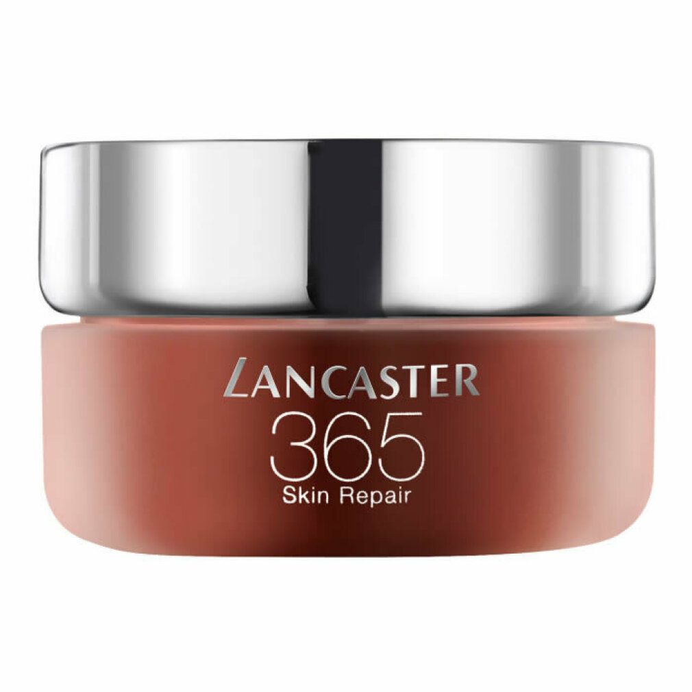 Vaso di crema con coperchio argentato. Scritta: Lancaster 365 Skin Repair. Vaso marrone.
