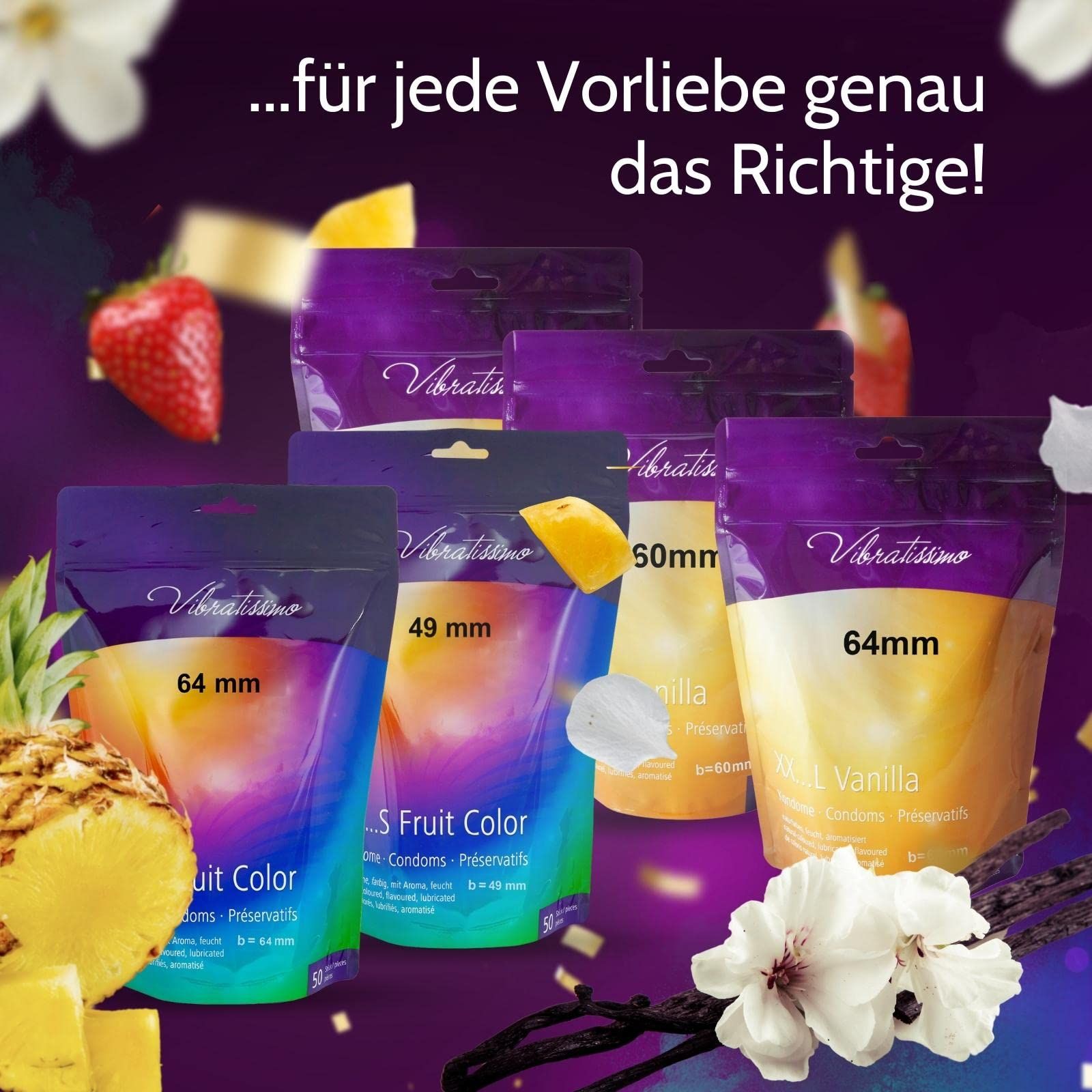 Confezioni di preservativi di varie misure (49mm, 60mm, 64mm) e tipi (Fruit Color, Vanilla).