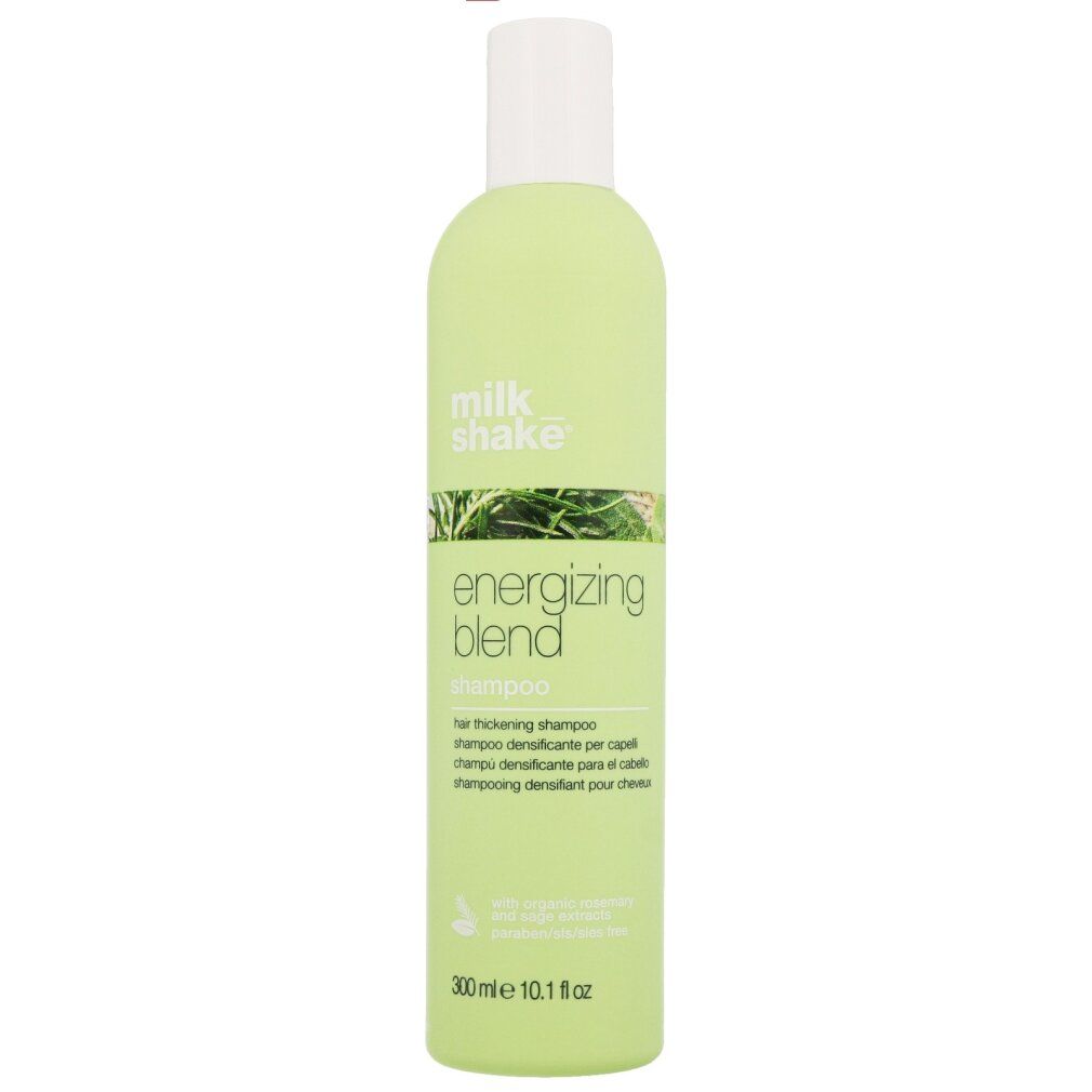 Flacone di shampoo verde chiaro con tappo bianco. Scritta: energizing blend shampoo. Marchio: milk shake.