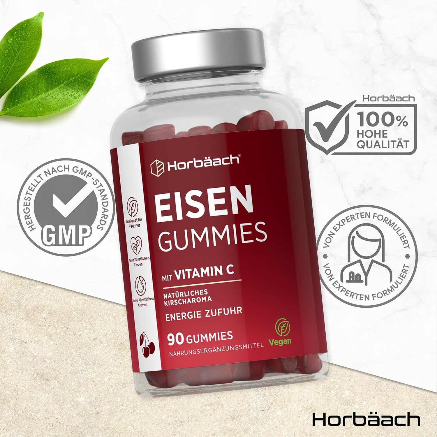 Flacone Horbäach Ferro Gummies con Vitamina C. 90 caramelle. Standard GMP. 100% alta qualità. Formulato da esperti. Vegano.