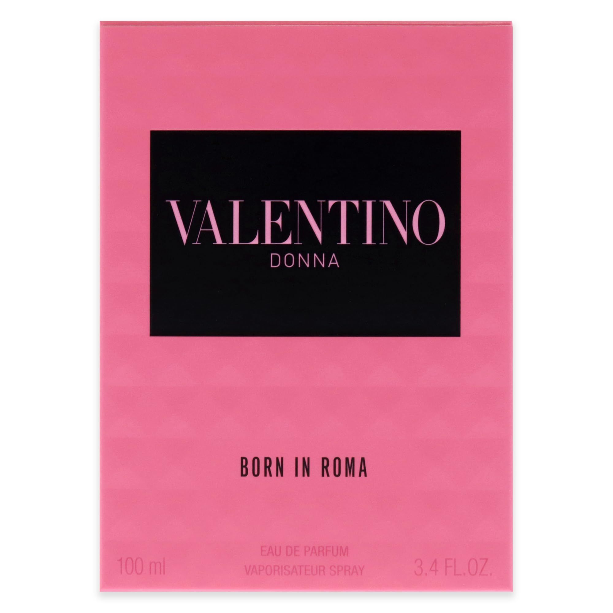 Confezione rosa con logo VALENTINO nero. Scritta DONNA e BORN IN ROMA.