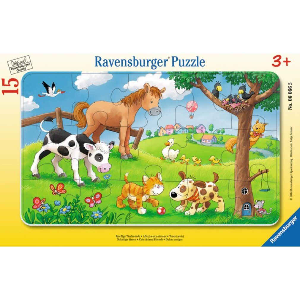 Puzzle Pz. Knuffige Tierfreunde 15T. 15 pezzi. Scena fattoria con animali. Logo Ravensburger e indicazione età 3+.