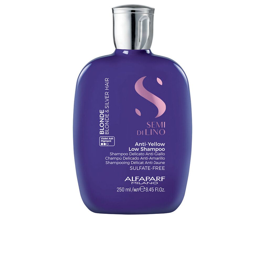Flacone di shampoo viola con tappo argentato. Scritta: Semi Di Lino Blonde & Silver Hair, Anti-Yellow Low Shampoo.