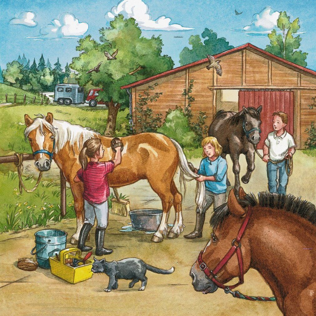 Pz. Mein Reiterhof 3x49T. Bambini che si prendono cura dei cavalli nella stalla. Cavalli nei box, bambini con fieno e secchio.