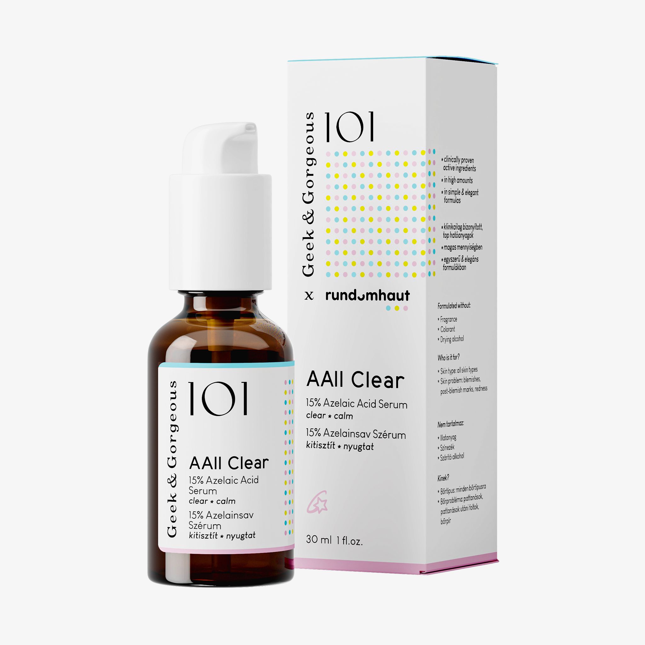 Flacone in vetro marrone con erogatore a pompa bianco, 30 ml. Etichetta "101 AAll Clear 15% Azelaic Acid Serum". Scatola di cartone accanto.