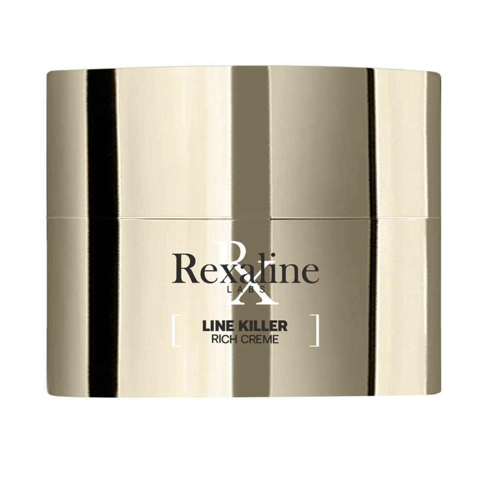 Vaso di crema dorato con scritta nera: Rexaline Labs, Line Killer Rich Creme. Design lucido.