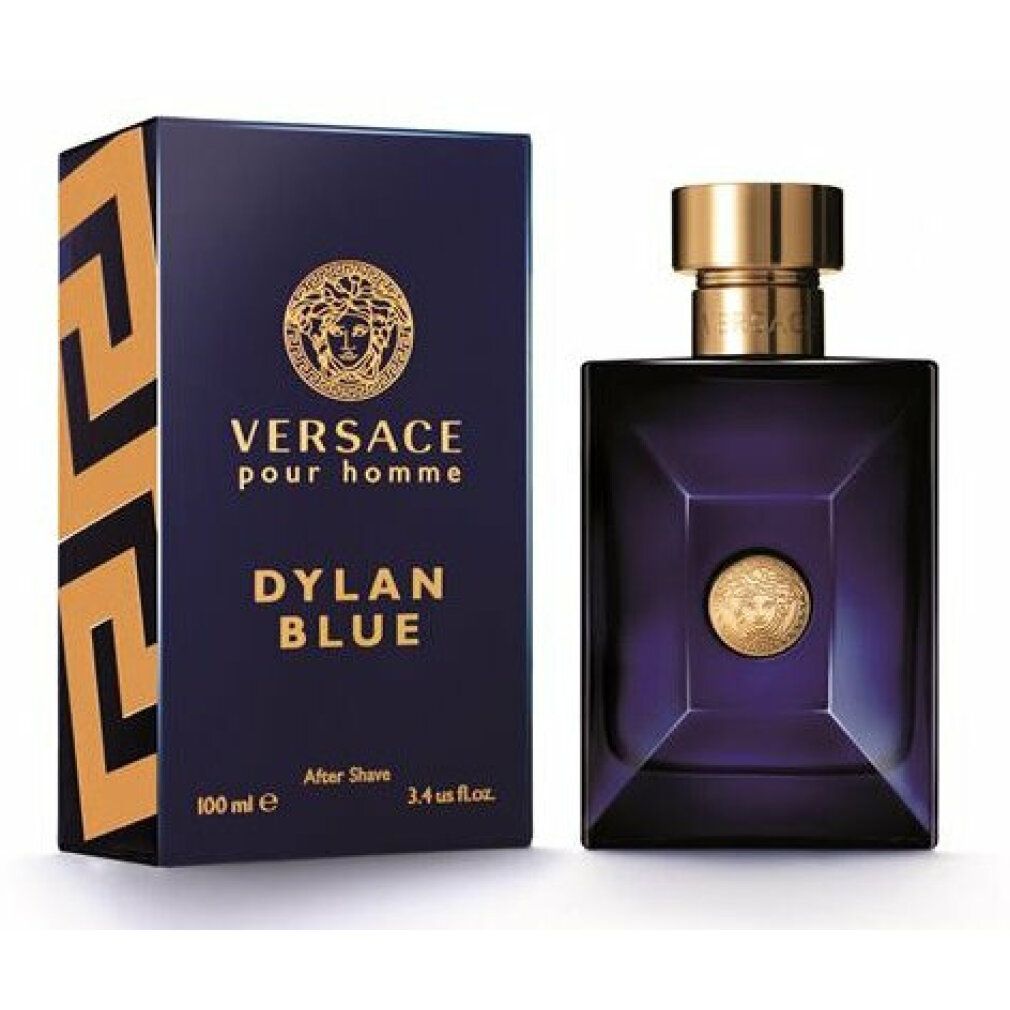 Flacone e scatola blu. Tappo dorato e logo Medusa. Scritta: VERSACE POUR HOMME DYLAN BLUE After Shave.