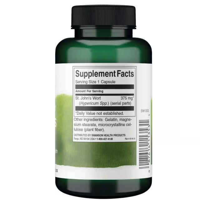 Retro di una bottiglia verde. Etichetta con informazioni nutrizionali: Iperico, 375 mg, ingredienti, SWANSON.