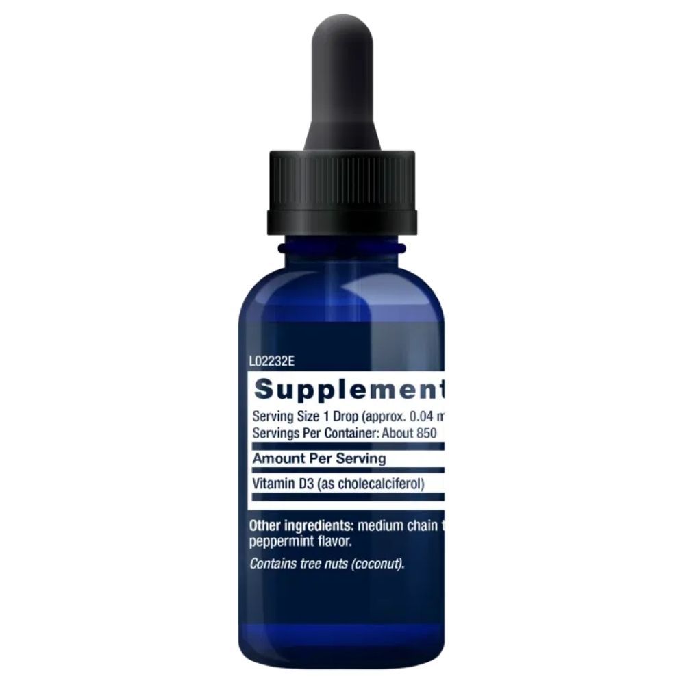 Retro di un flacone in vetro blu con contagocce, con informazioni nutrizionali per Life Extension Liquid Vitamin D3.