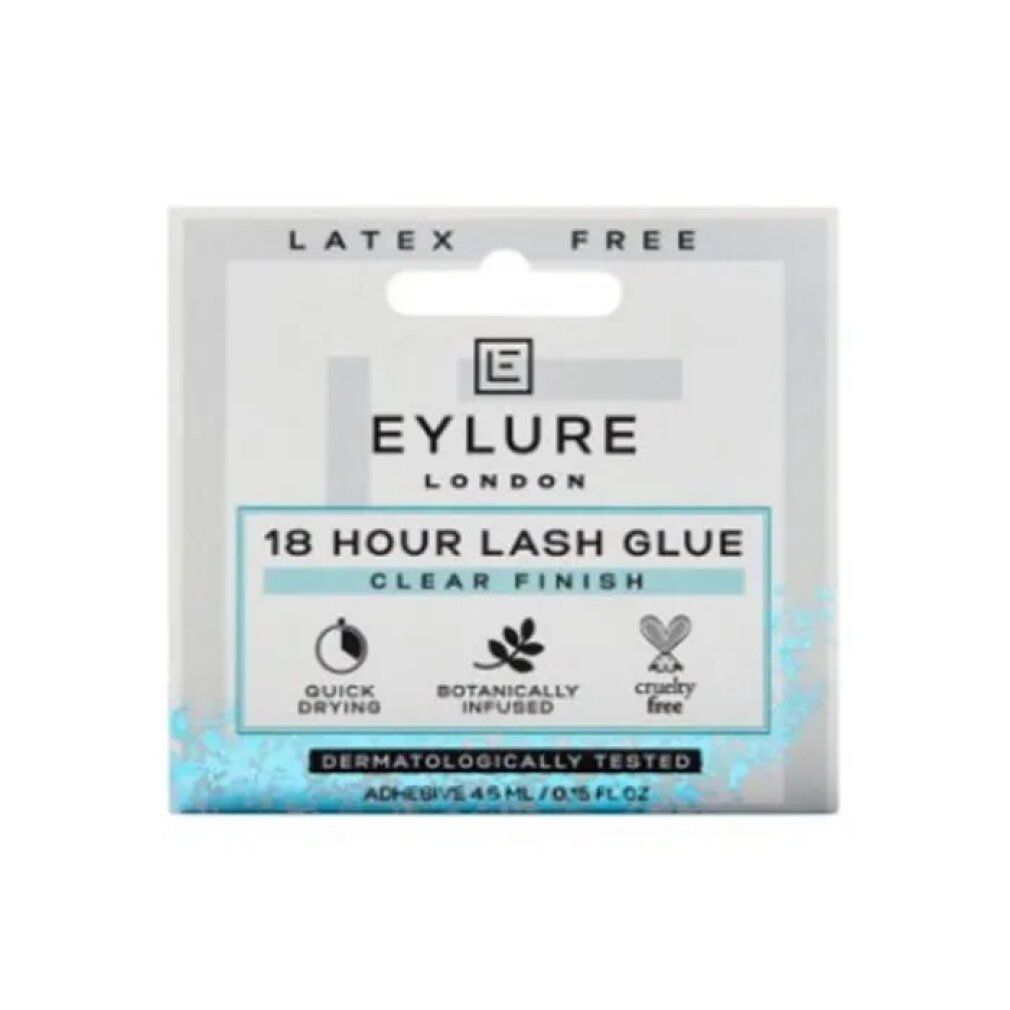 Colla per ciglia Eylure 18 Hour Clear Finish. Confezione con informazioni. Senza lattice e cruelty-free. Testato dermatologicamente.