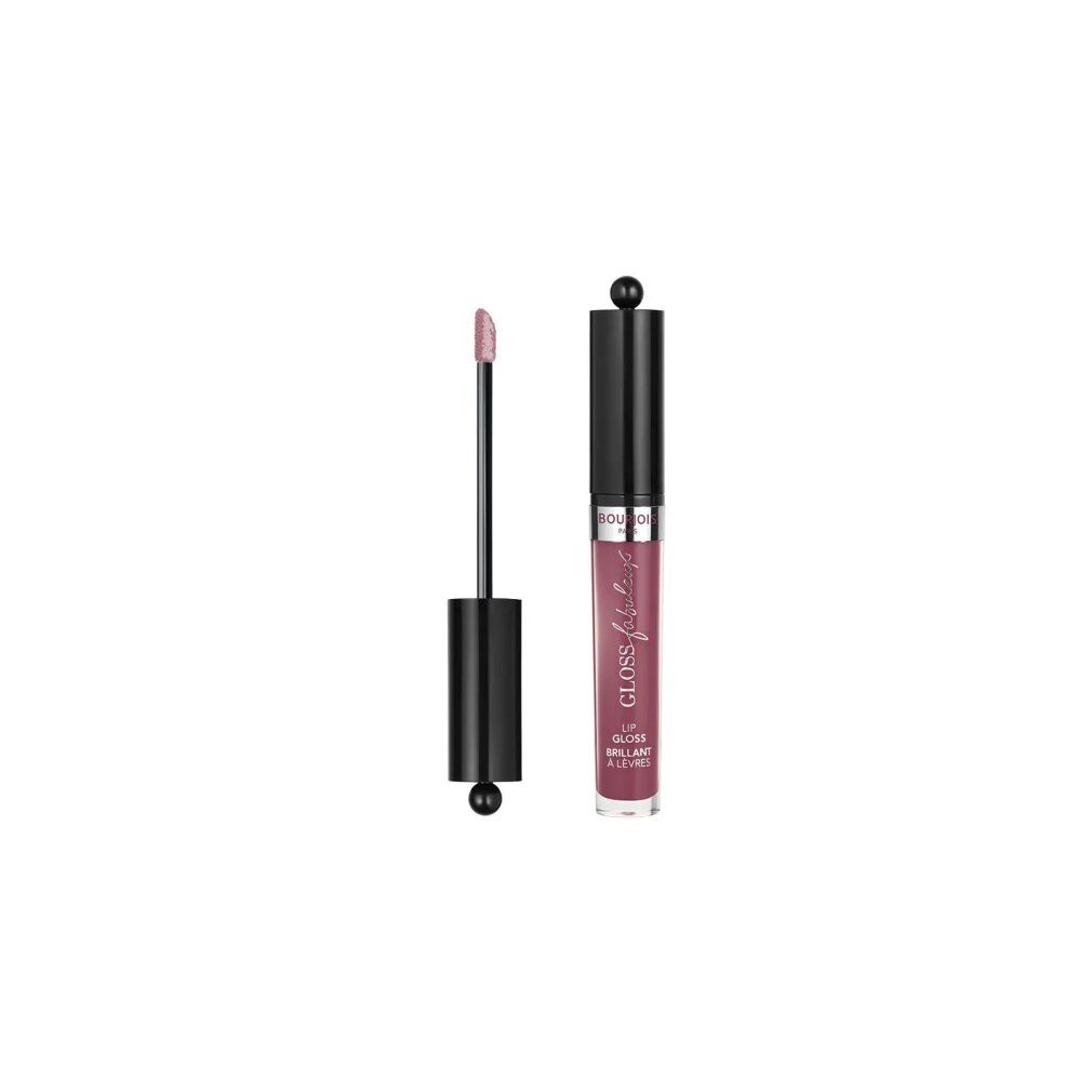 Applicatore di lucidalabbra accanto a un tubetto. Applicatore nero, tubetto trasparente con tappo nero. Scritta: Gloss Fabuleux. Colore: 08 Berry Talented.