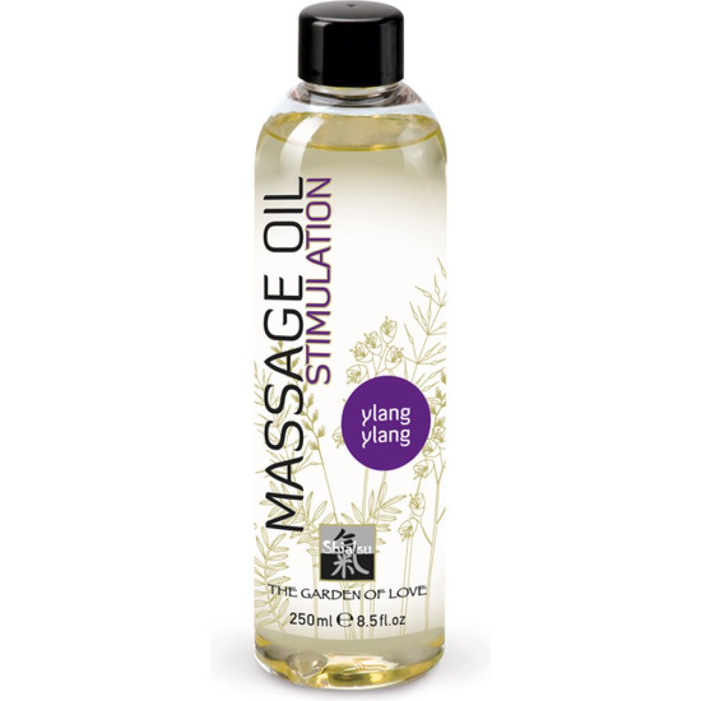 Flacone di olio per massaggio con tappo nero. Scritta: Massage Oil Stimulation, Ylang Ylang, The Garden of Love.