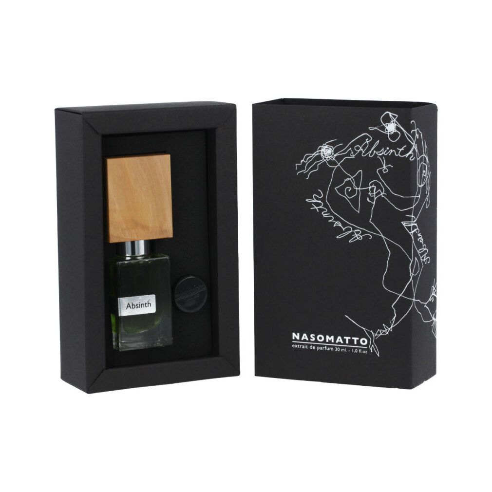 Flacone di profumo Absinth con tappo in legno e scatola nera. Sulla scatola sono visibili NASOMATTO e Absinth.