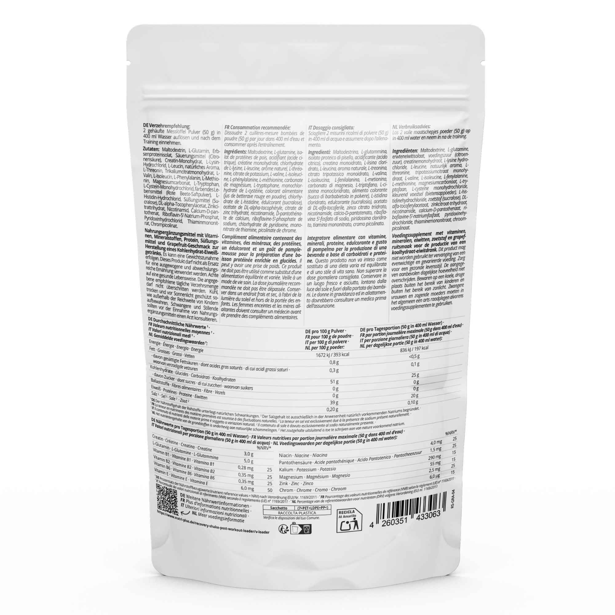Retro di una confezione stand-up pouch per Recovery Shake con dettagli nutrizionali e ingredienti.