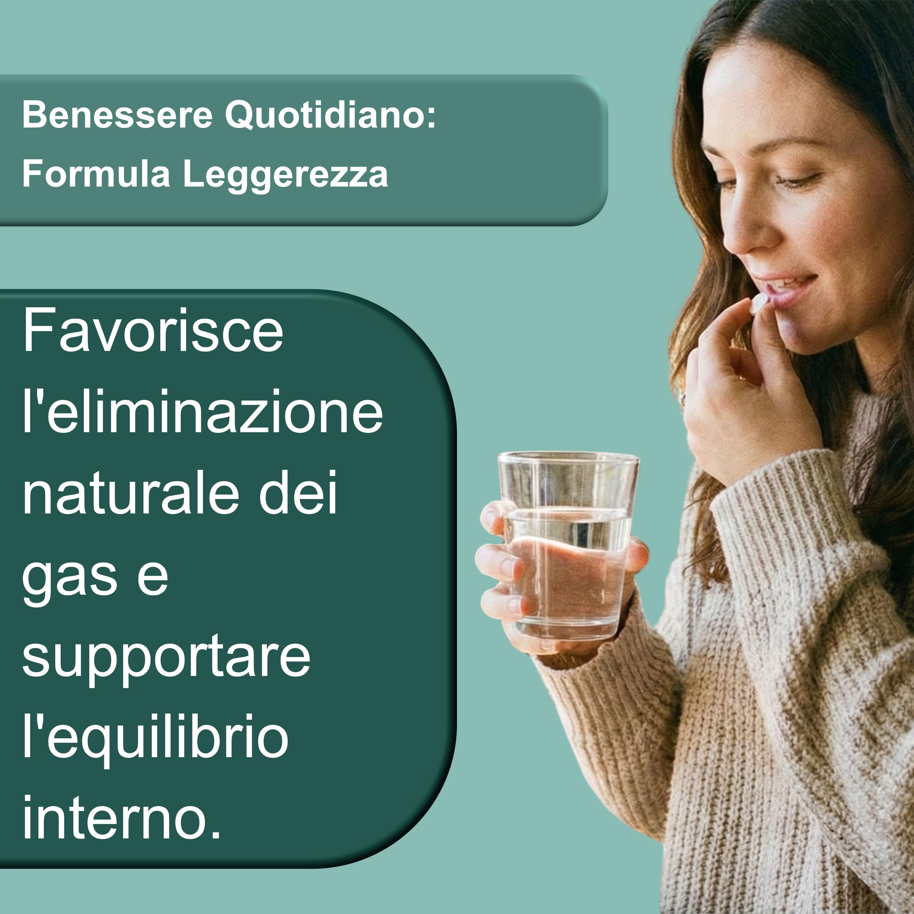 Donna prende una compressa con acqua. Testo: Formula Leggerezza. Scatola NOXETRA, 30 compresse da 600 mg.