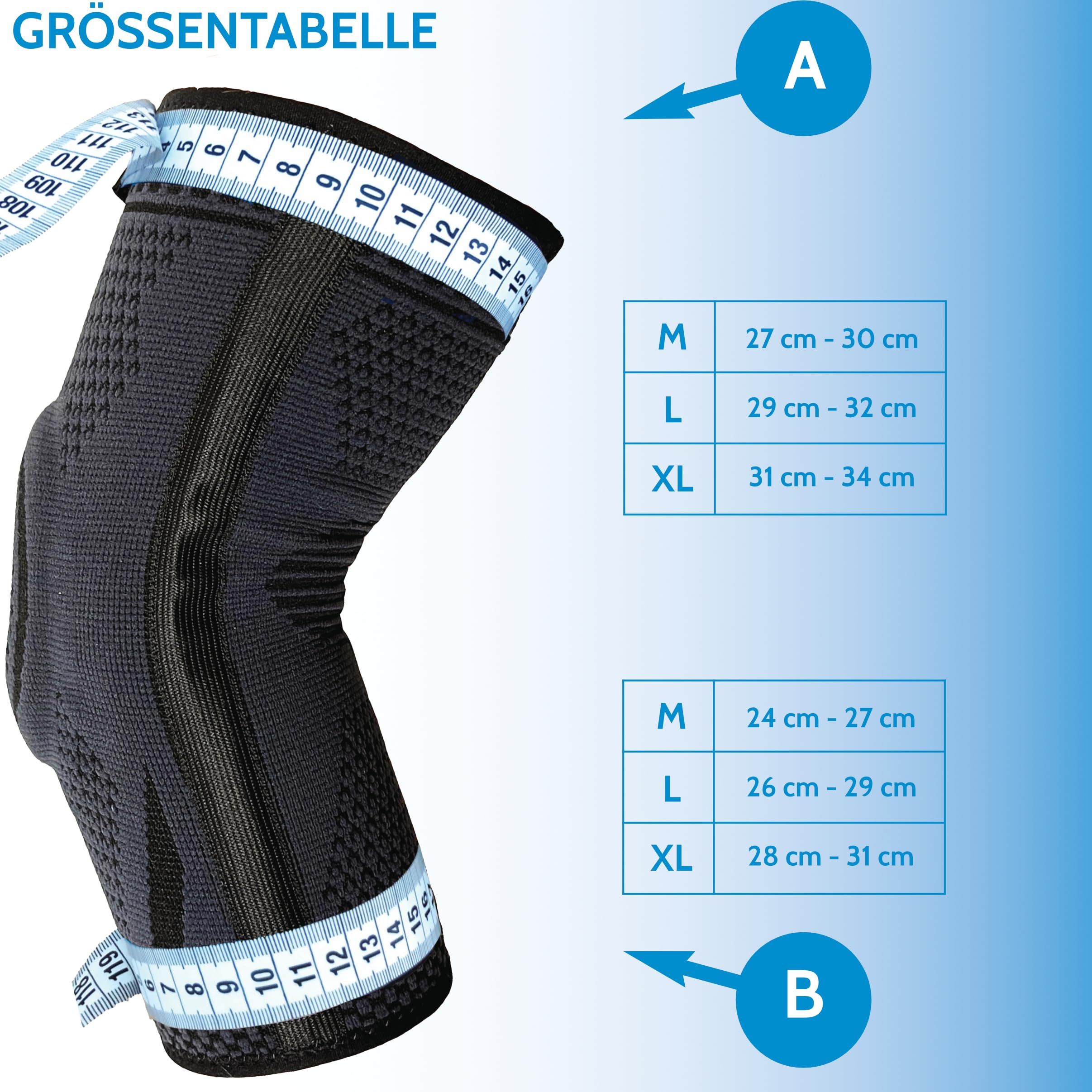 Tutore per gomito nero con metro a nastro. Tabella delle taglie con taglie M, L, XL e intervalli di misurazione in cm. Due tabelle, A e B.