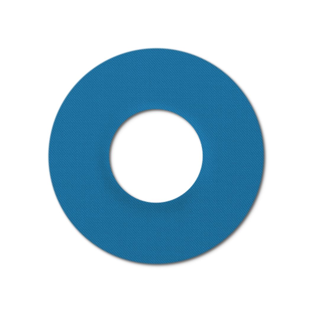 Anello di fissaggio blu con foro centrale. Tessuto a trama, forma circolare.